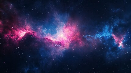 Poster - Vivid nebula in deep space with pink and blue hues, cosmic dust and stars.