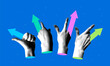 © Morena - Modern collage with halftone hands pointing direction and arrows. Concept of opportunities and business development. Hands with fingers pointing in different directions. Path to goal, success