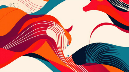Poster - Abstract flowing shapes with vibrant colors in dynamic composition featu red, orange, blue, and white swirls and curved lines for modern artistic design