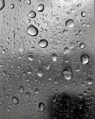 Poster - Serene monochrome view of raindrops clinging to glass creating a textured abstract pattern capturing a rainy mood