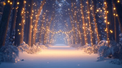 Poster - Magical winter forest path illuminated with fairy lights, snow covered trees and ground.