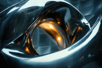 Poster - Intricate metallic sculpture shimmering in ambient light at a contemporary art exhibition