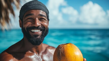 Poster - In a picturesque coastal setting, a cheerful man relishes a coconut drink, radiating joy against the backdrop of azure waters and fluffy clouds at dusk