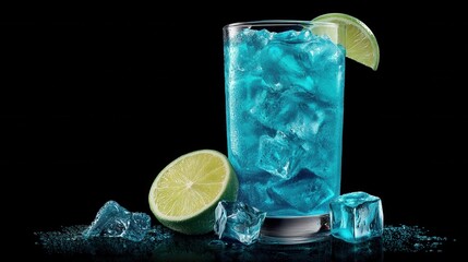Poster - Refreshing blue lagoon cocktail with ice cubes and lime against a dark backdrop perfect for summer drink ads and bar promotions