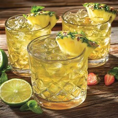 Poster - Refreshing pineapple cocktail on rustic wood surface with lime strawberries and mint garnish summer vibe