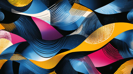 Poster - Abstract flowing lines and curves in vibrant blue pink yellow black and gold with textured patterns and dynamic movement for modern artistic design