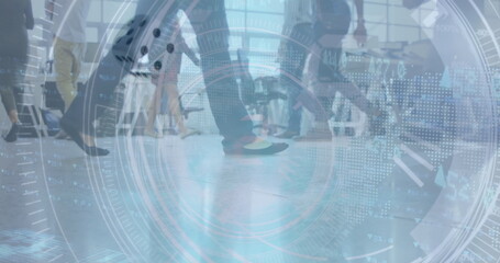 Poster - Image of financial data processing over diverse group of business people walking