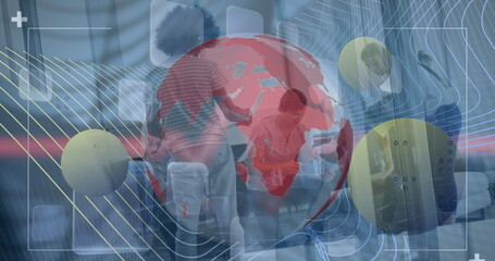 Poster - Image of shapes and globe over diverse group of business people in office