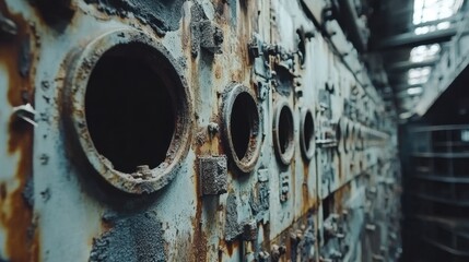 Poster - Industrial Decay Metal Wall with Circular Openings Old Factory Interior with Rust and Corrosion