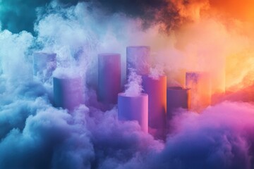 Poster - Colorful smoke envelops cylindrical structures in a mesmerizing display of light and atmosphere