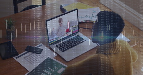 Poster - Image of financial data processing over african american businesswoman using laptop