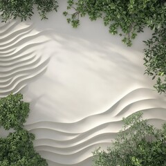 Poster - Serene white wall with wavy texture and green plants creating a calming natural background tranquil scene