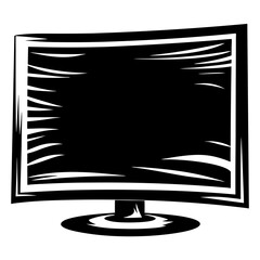 Poster - Monochrome cartoon illustration of a curved screen computer monitor with decorative lines
