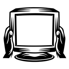 Poster - Retro Computer Monitor with Supportive Hands in Black and White Style