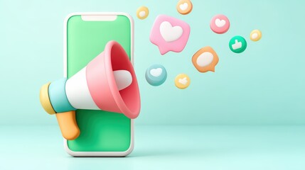 Poster - A colorful smartphone displaying a megaphone, with floating social media icons symbolizing communication and engagement, influencer marketing ROI