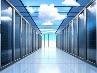 Poster - Data center corridor with server racks reflecting blue sky and clouds creating a futuristic technology atmosphere for cloud computing and big data
