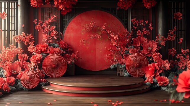 Festive Podium Stage with Red Paper Cut Art for Christmas, New Year, and Greeting Festivals on Color Background