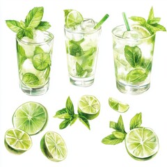 Poster - Refreshing watercolor mojito cocktails with lime and mint leaves creating a vibrant summer mood on a white background