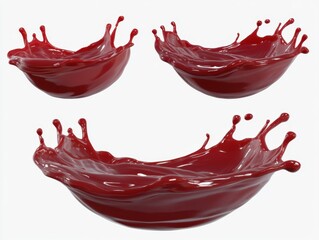 Poster - Dynamic display of vibrant red liquid splashes against a clean white backdrop creating a visually striking composition showcasing fluid dynamics and artistic expression