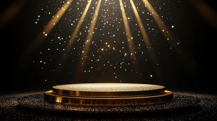 Poster - Elegant golden podium with spotlight and glittering particles on dark background.