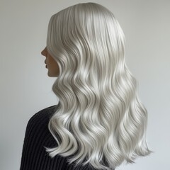 Poster - Elegant silver hair cascading in soft waves a stunning profile against a neutral background showcasing hair texture and color