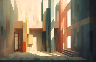 Poster - Geometric Interior Perspective Featuring Orange Blocks and Light Entering from Openings Against a Textured Wall