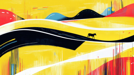Poster - Abstract colorful horse silhouette painting with vibrant yellow orange blue black and white flowing strokes and splashes on textured background for artistic design