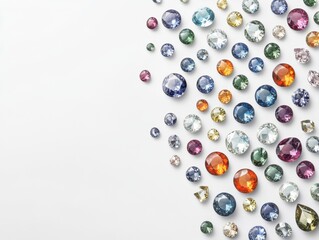 Poster - Assorted gems and jewels with varying colors and sizes scattered on a white surface creating a beautiful pattern