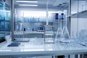 Poster - Modern laboratory workspace with glassware and scientific instruments in use