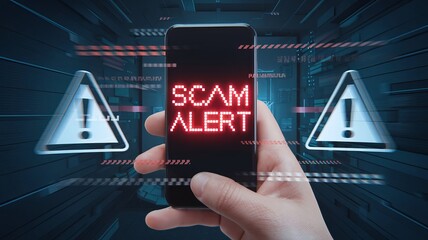 Aufkleber - A hand holding a smartphone displaying a 'SCAM ALERT' message amid digital warning signs.