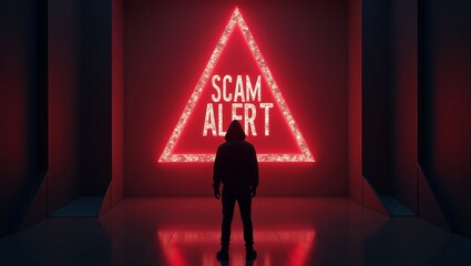 Poster - A silhouette of a person in front of a glowing 'SCAM ALERT' sign, creating an urgent and cautionary atmosphere.