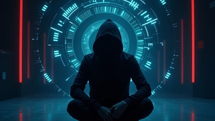 Poster - A mysterious figure in a black hoodie sits calmly in a futuristic, illuminated space, exuding an aura of secrecy and digital intrigue.
