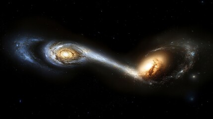 Poster - Two spiral galaxies interacting, cosmic dust and gas swirling, forming a bridge between them in deep space.