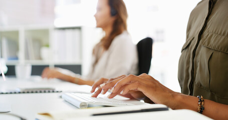 Poster - Person, hands and typing with keyboard at call center for research, email or communication. Closeup, consultant or agent writing with computer for data entry, report or browsing on desk at workplace