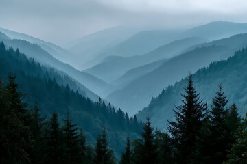  evergreen forests punctuate muted blues lending depth texture to otherwise ethereal panorama  
