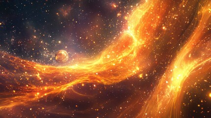 Poster - Fiery nebula swirls in space, cosmic dust and a distant planet.
