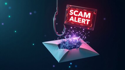 Poster - An illustration of a fishing hook pulling a scam alert sign from an open envelope, representing online scams and cyber safety.