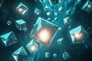 Poster - Crystalline shapes float in a cosmic background of light and energy in deep space