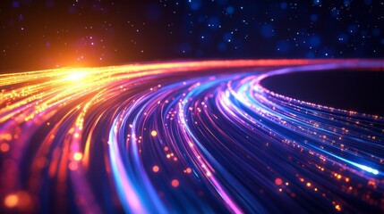 Poster - Abstract glowing light trails curve on dark background.