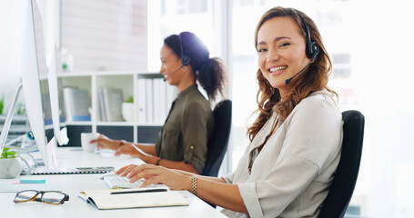 Leinwandbilder - Call center, computer and woman with headset in portrait for customer service, technical support and online advice. Contact us, consultant and coworking help desk assistance, inbound query and FAQ