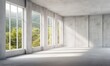© jannik27s - an empty room with white concrete walls, light gray floor, and large windows overlooking nature