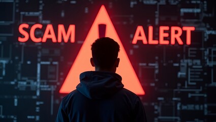 Aufkleber - A male subject, silhouetted, stands before a striking red 'SCAM ALERT' sign, conveying urgency and caution against fraud.