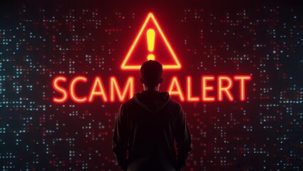 Poster - Silhouette of a person facing a striking 'SCAM ALERT' message, emphasizing awareness in the digital age.