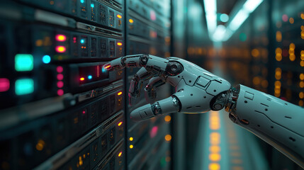 Poster - Futuristic robotic finger pressing a server button highlights the evolution of cyber technology
