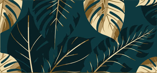  Luxury Teal and Gold Monstera Leaf Pattern Background Tropical Foliage Design Elegant Botanical Wallpaper Home Decor Modern Art Print