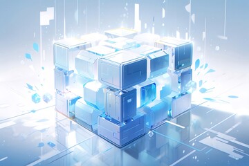 Poster - Abstract Geometric Blue Cube With Digital Connections and Light Effects on White Background