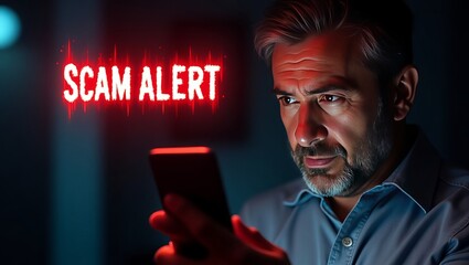 Poster - Concerned middle-aged Caucasian man receiving a scam alert on his smartphone in a dimly lit room.