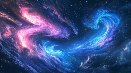 Poster - Abstract cosmic swirls of pink and blue nebulae in space with stars.