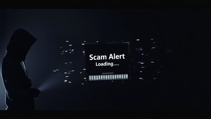 Aufkleber - A hooded figure stands in a dark setting, illuminated by a flashlight, as a digital 'Scam Alert' message loads on a screen.