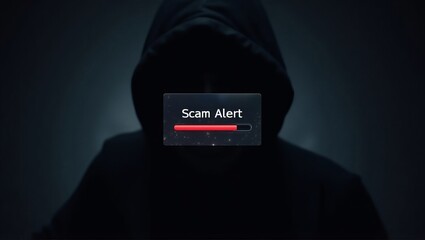 Poster - A mysterious figure in a hooded sweatshirt with a glowing 'Scam Alert' notification overlay.